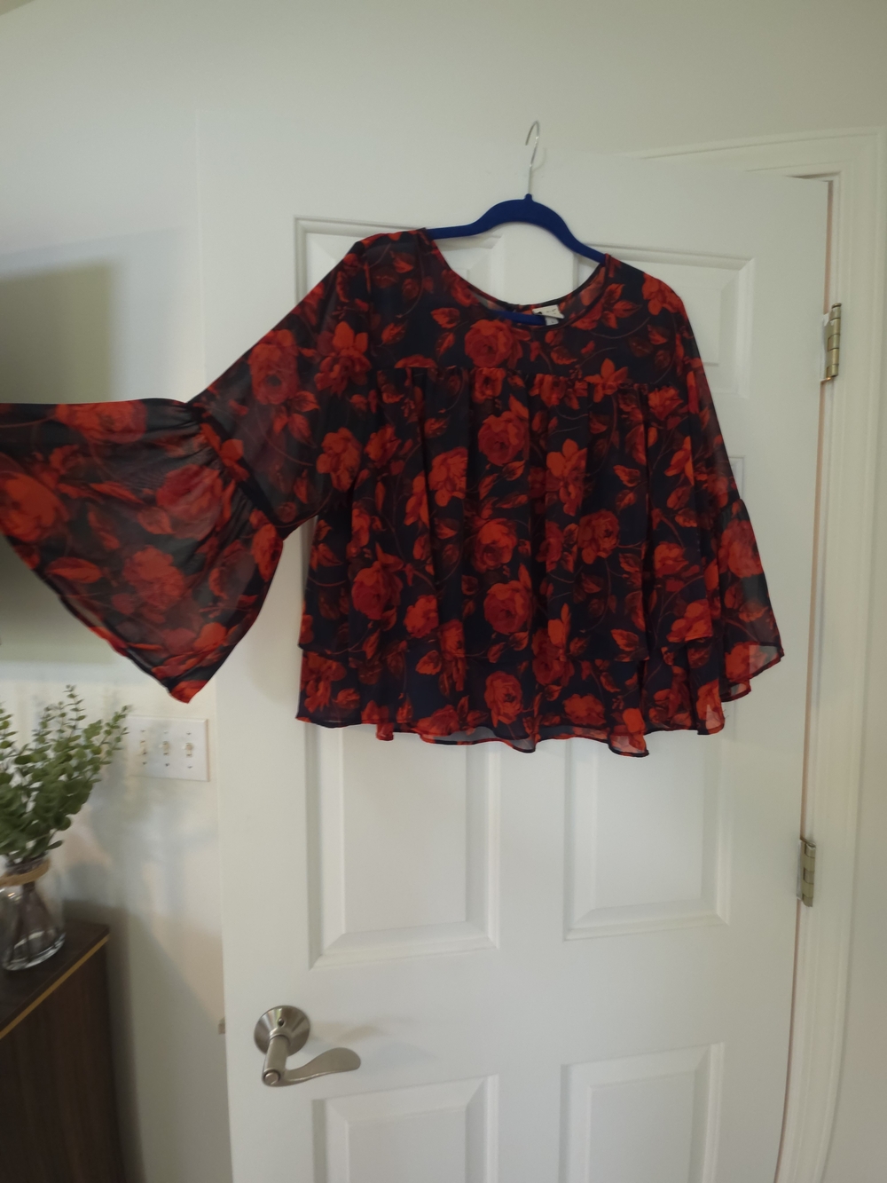 a new day Red and Black Floral Bell-Sleeve Blouse